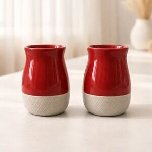 Unmarked/Unbranded Set Of Ceramic Red Tan Basket Weave Kitchen Canister/Vases
